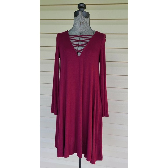 American Eagle Long Sleeve Dark‎ Red Ribbed Mini Dress Small. - Picture 1 of 5